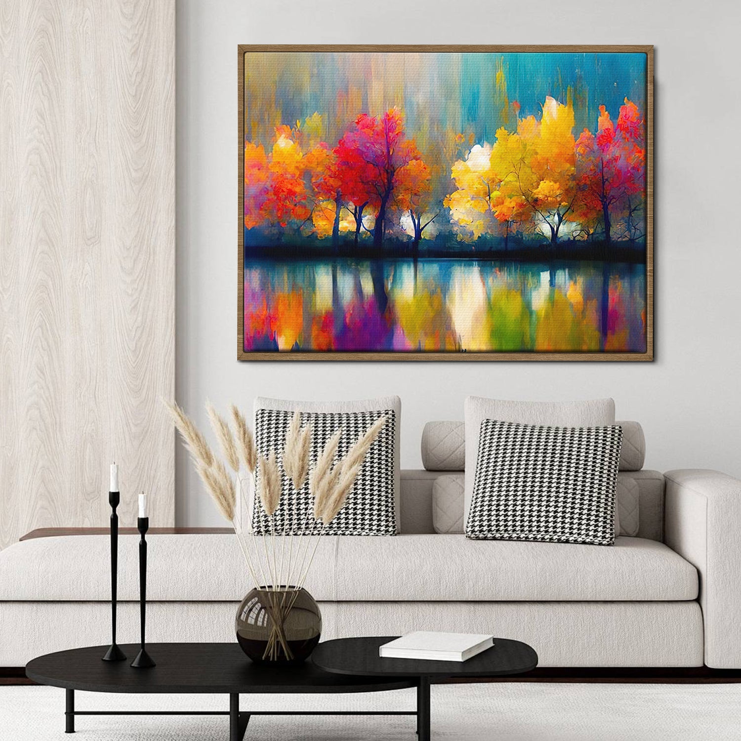 light oak color frame abstract trees and reflection wall art canvas in the living room