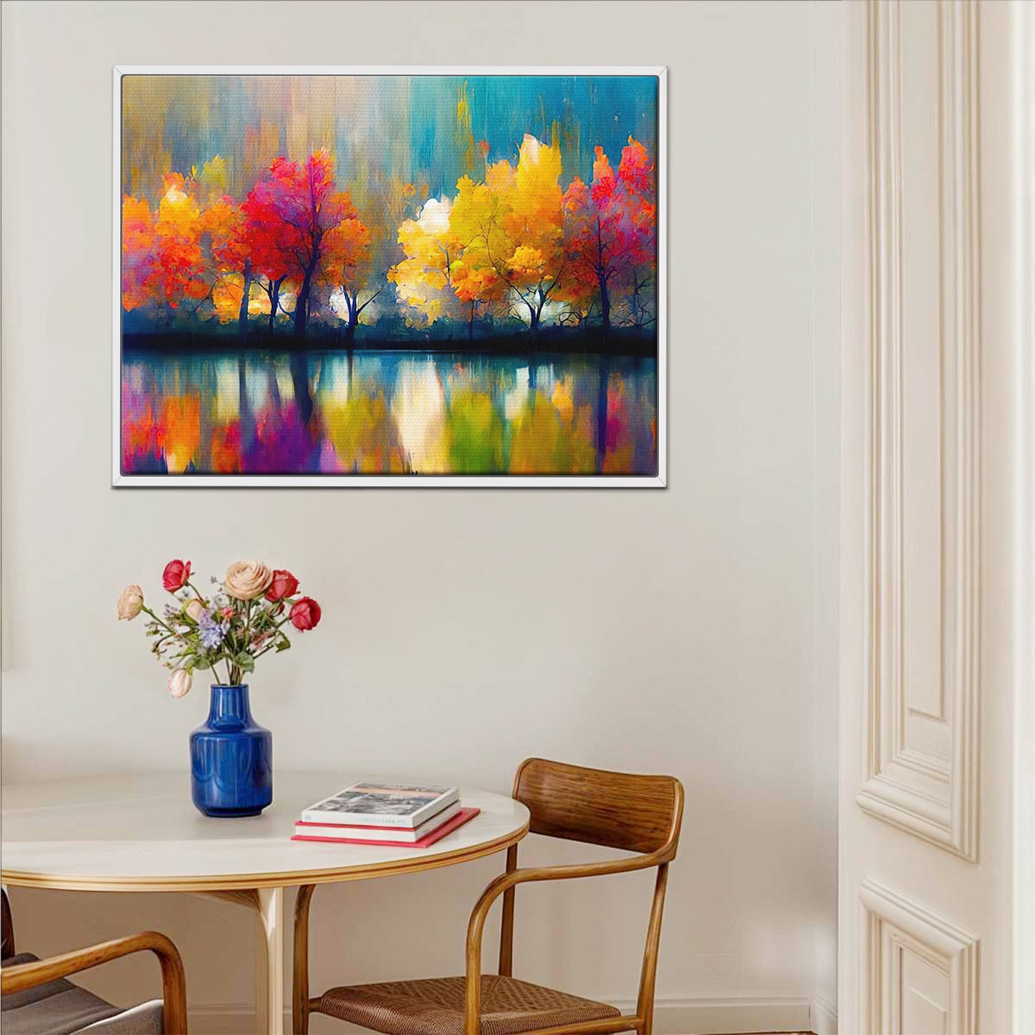 1 piece white frame abstract trees and reflection wall art print in the study room