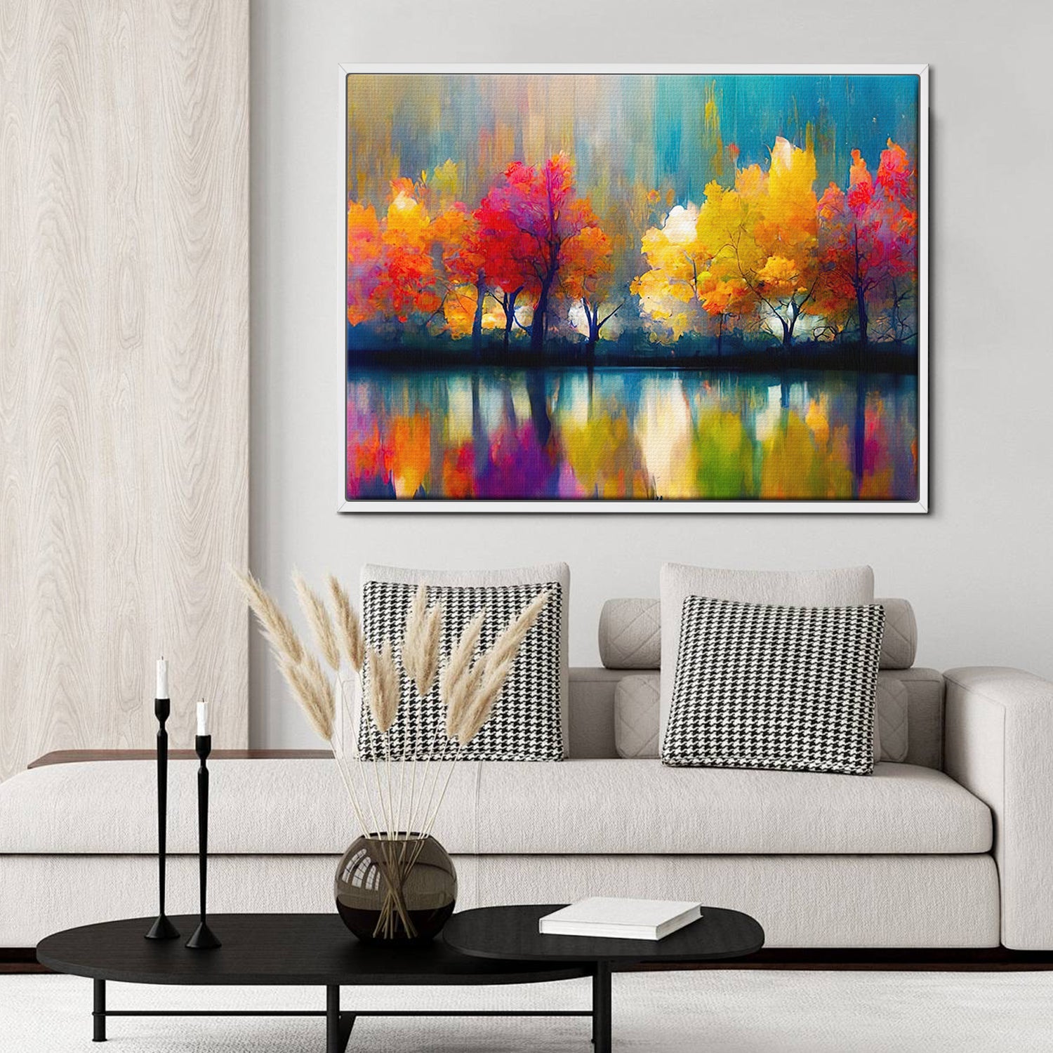 1 piece white frame abstract trees and reflection wall art print in the living room
