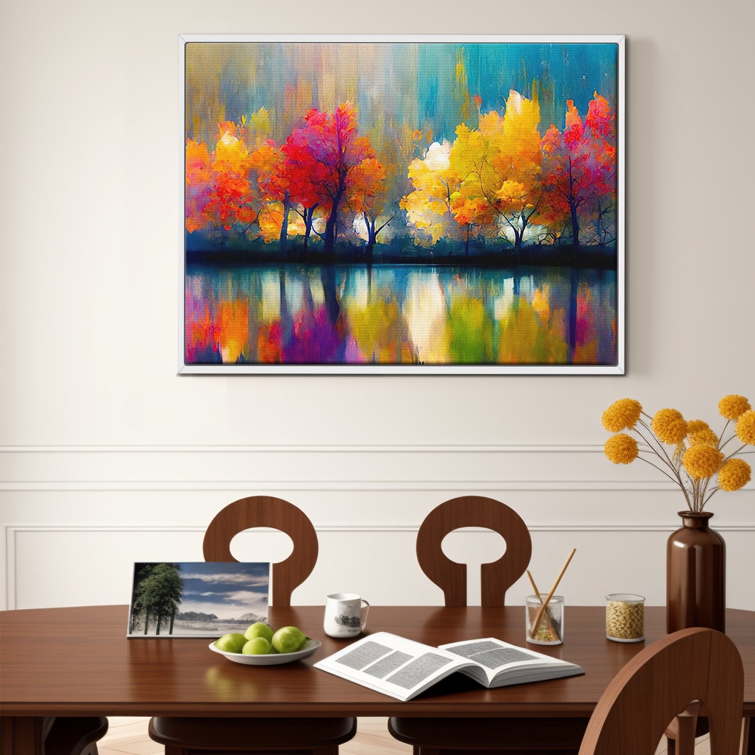 1 piece white frame abstract trees and reflection wall art print in the office