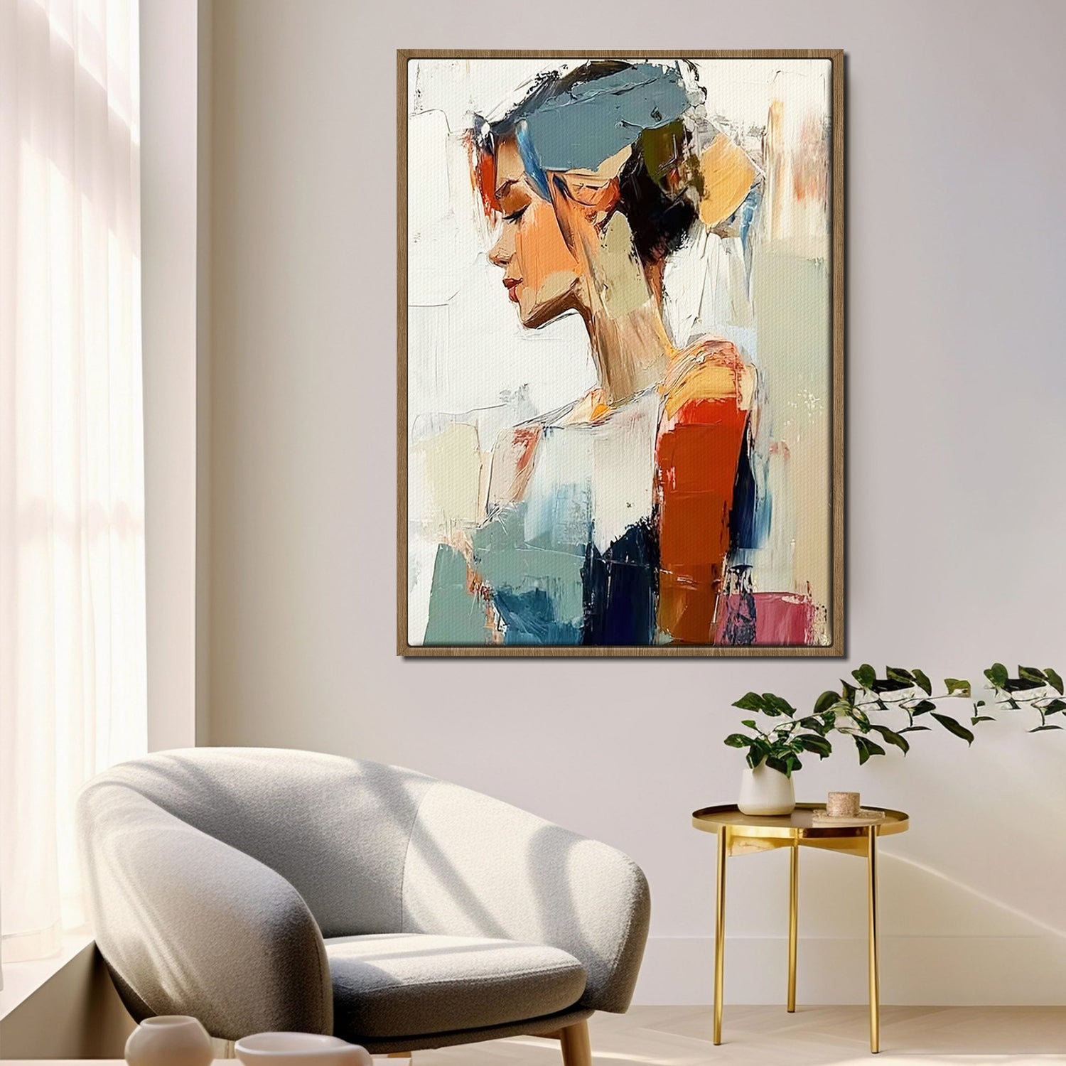 light oak color frame wall art women painting in the living room
