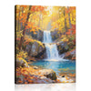 wall art canvas painting depicting the beauty of a waterfall flowing through a colorful forest in autumn