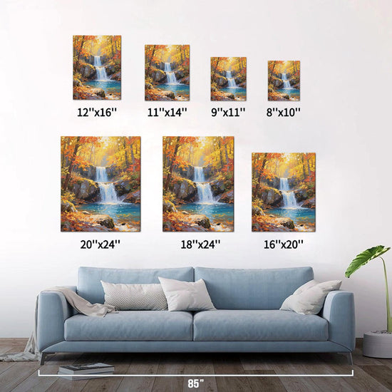 different size wall art canvas painting depicting the beauty of a waterfall flowing through a colorful forest in autumn.