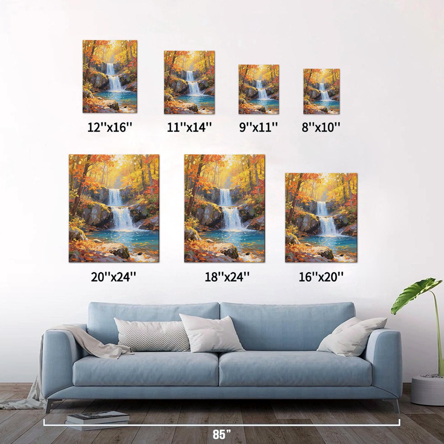 different size wall art canvas painting depicting the beauty of a waterfall flowing through a colorful forest in autumn.