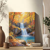 wall art canvas painting on the table depicting the beauty of a waterfall flowing through a colorful forest in autumn