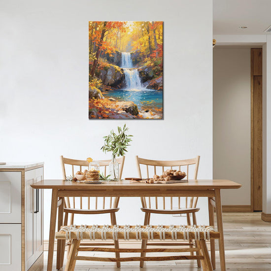 wall art canvas painting depicting the beauty of a waterfall flowing through a colorful forest in autumn.