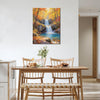 wall art canvas painting depicting the beauty of a waterfall flowing through a colorful forest in autumn.