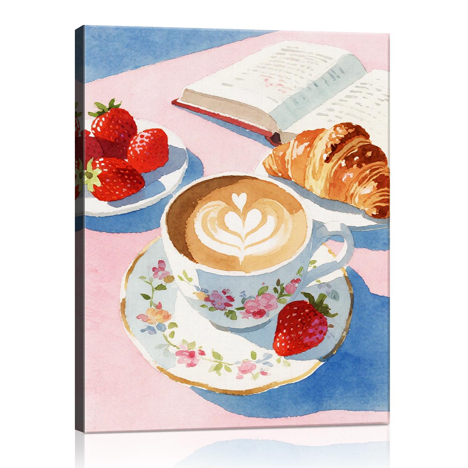 wall art canvas painting depicts a cozy scene with latte art coffee, strawberries, croissants and an open book.