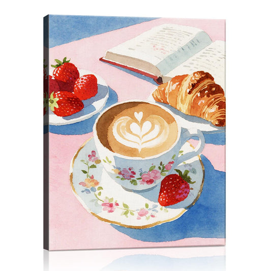 wall art canvas painting depicts a cozy scene with latte art coffee, strawberries, croissants and an open book.