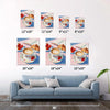 different size wall art canvas painting in the kitchen depicts a cozy scene with latte art coffee, strawberries, croissants and an open book.