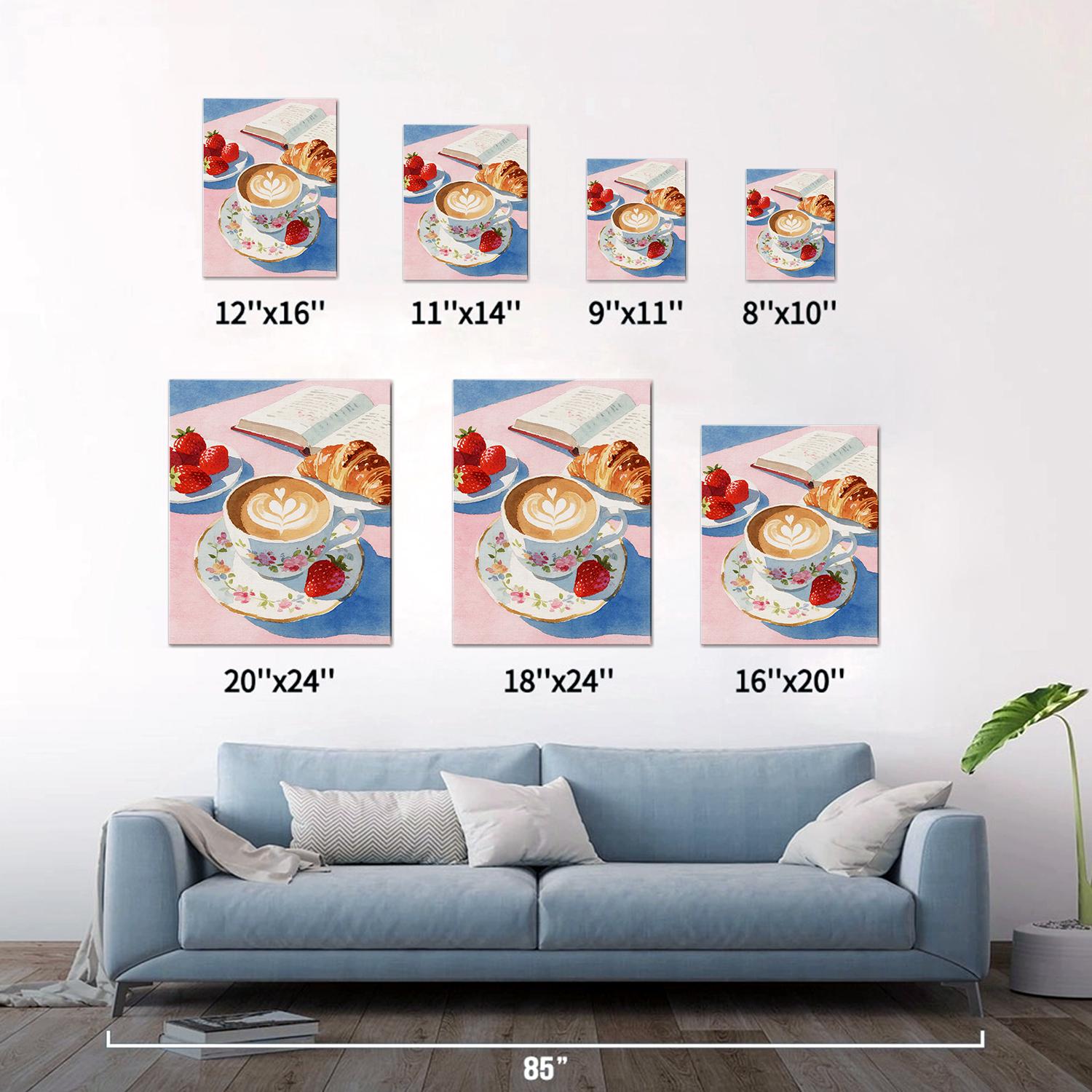 different size wall art canvas painting in the kitchen depicts a cozy scene with latte art coffee, strawberries, croissants and an open book.