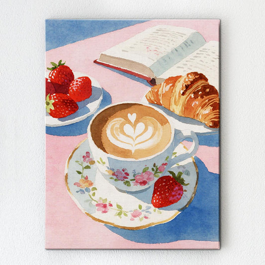 wall art canvas painting depicts a cozy scene with latte art coffee, strawberries, croissants and an open book.