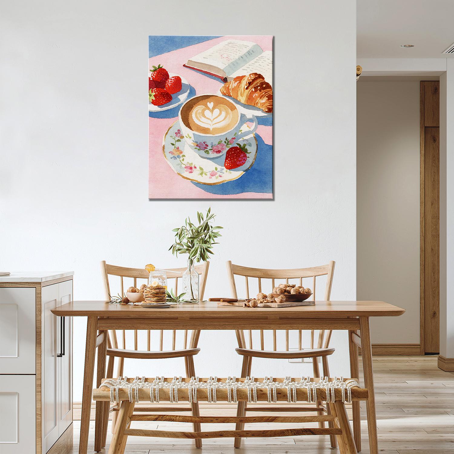 wall art canvas painting in the dinning room depicts a cozy scene with latte art coffee, strawberries, croissants and an open book.