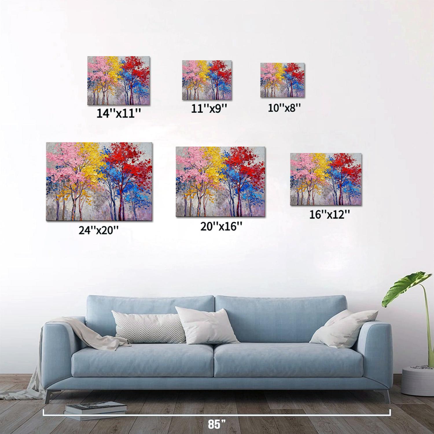 different size wall art painting depicting colorful forest