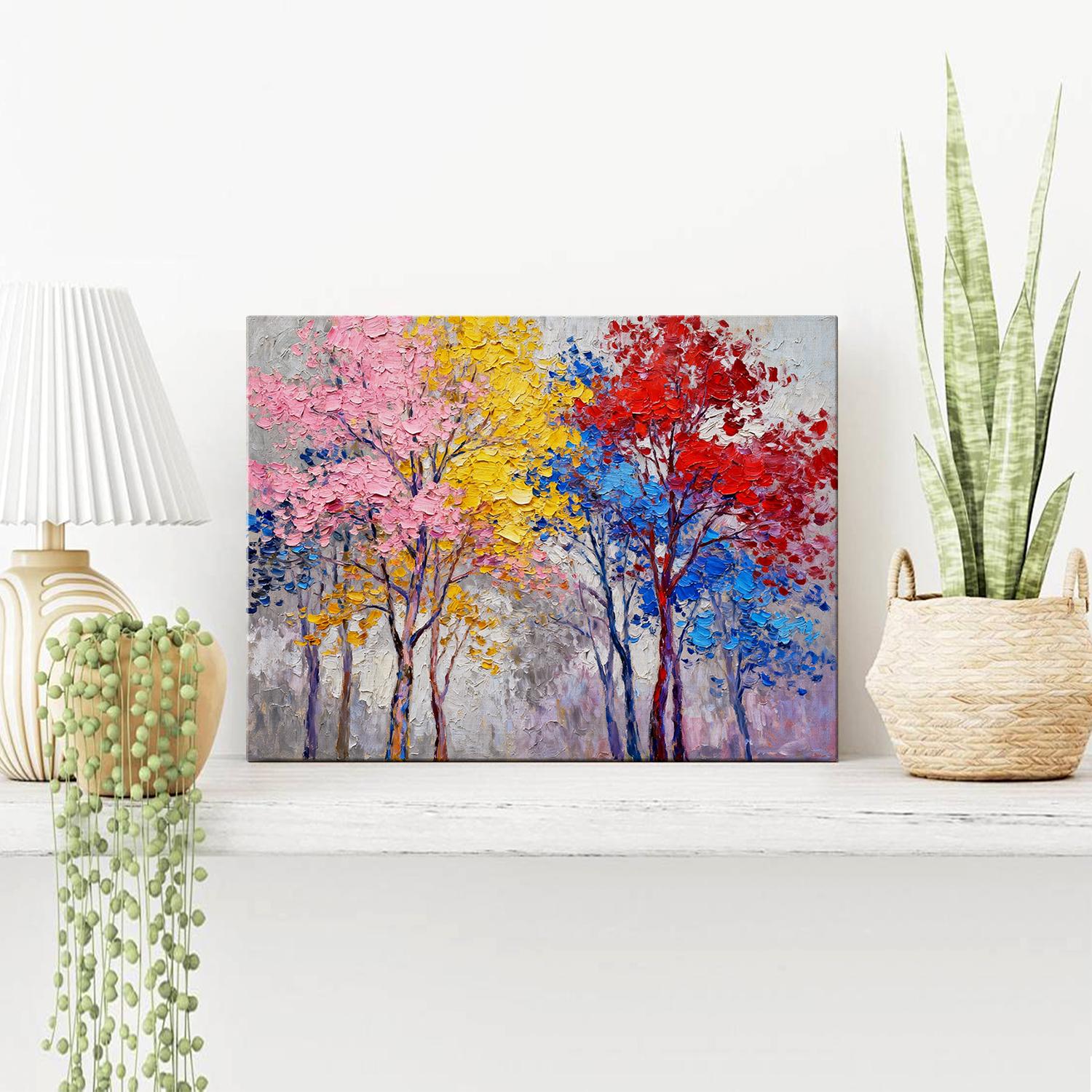 wall art painting on the table depicting colorful forest
