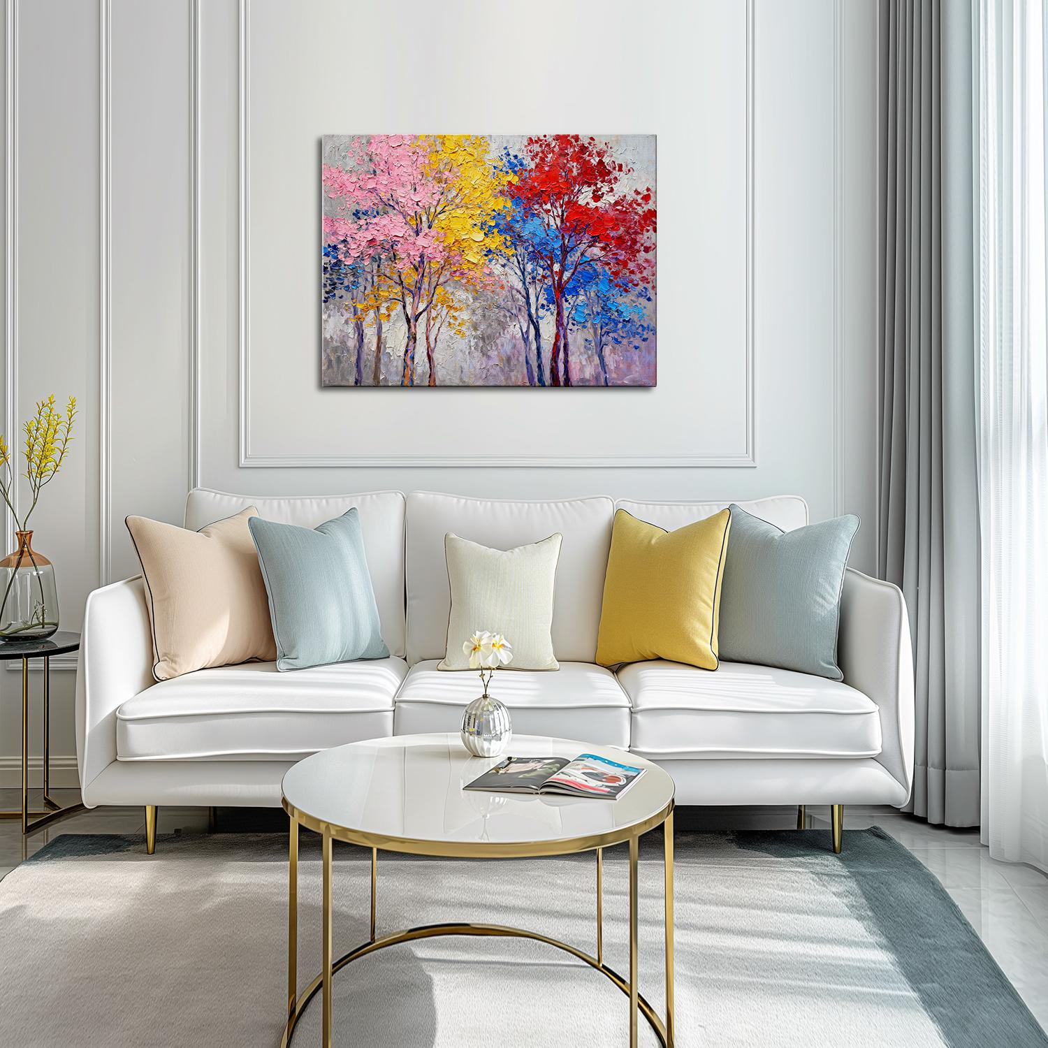 wall art painting in the living room depicting colorful forest