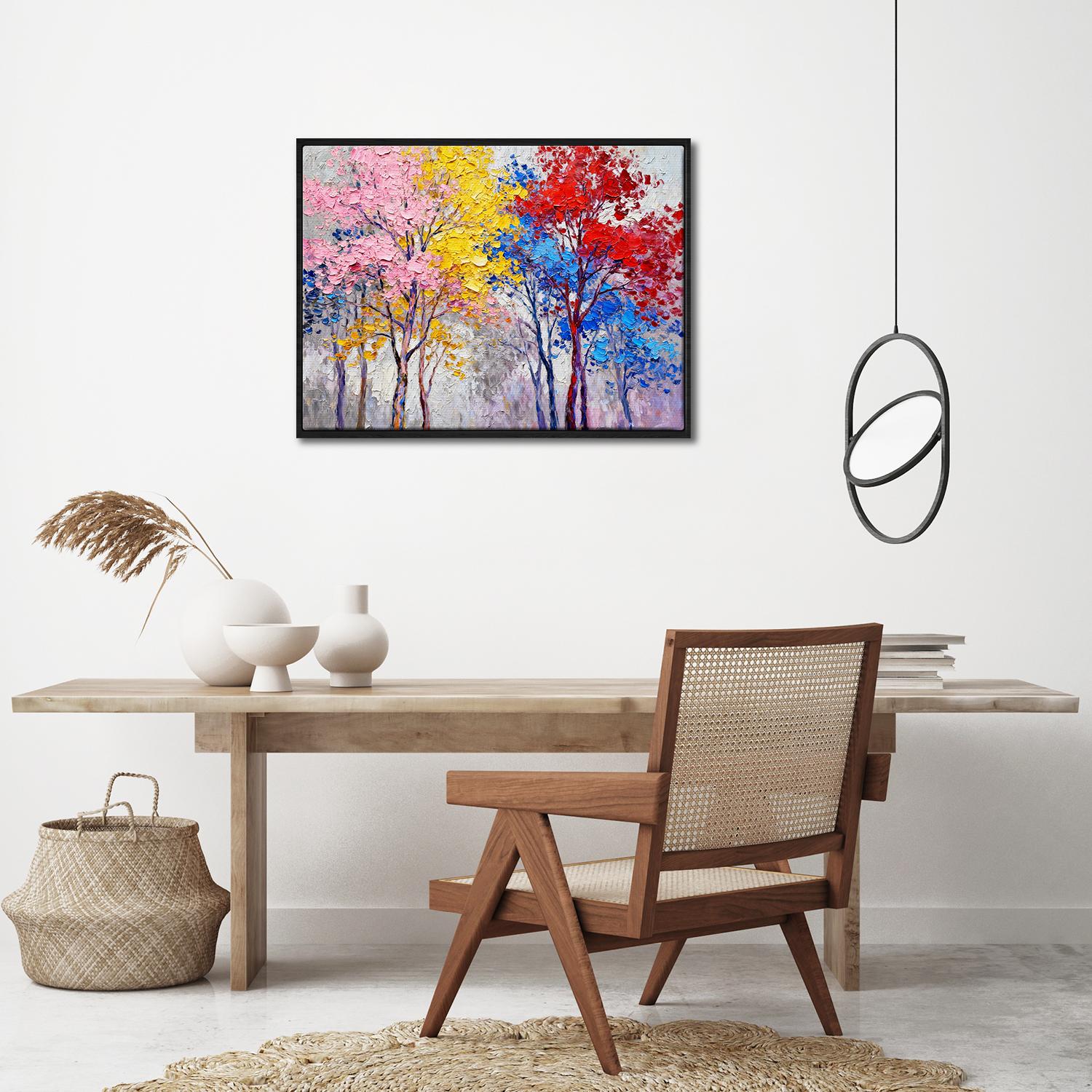 black frame wall art painting depicting colorful forest