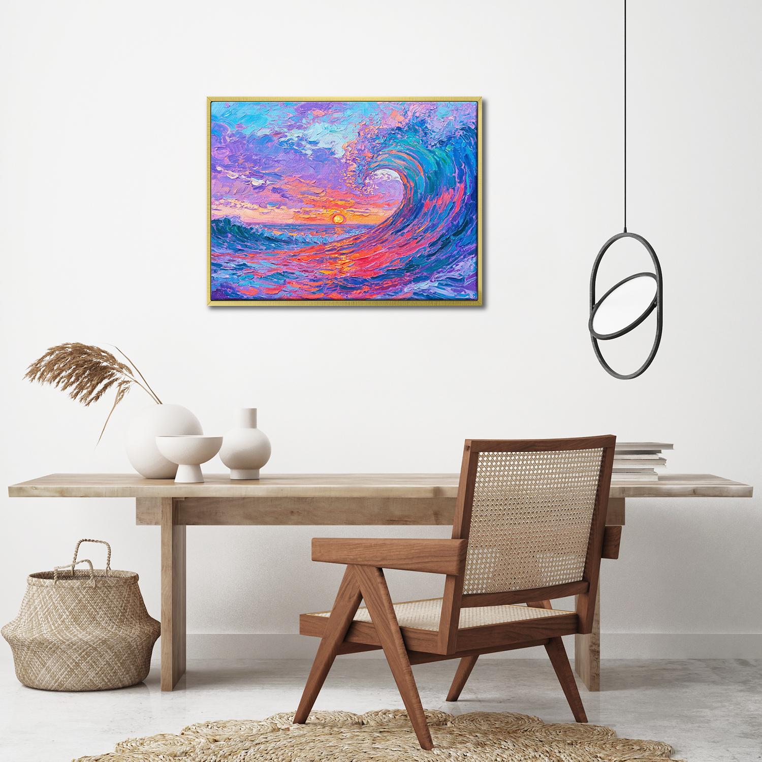 gold frame wall art painting above the table depicts the magnificent scene of colorful waves surging.