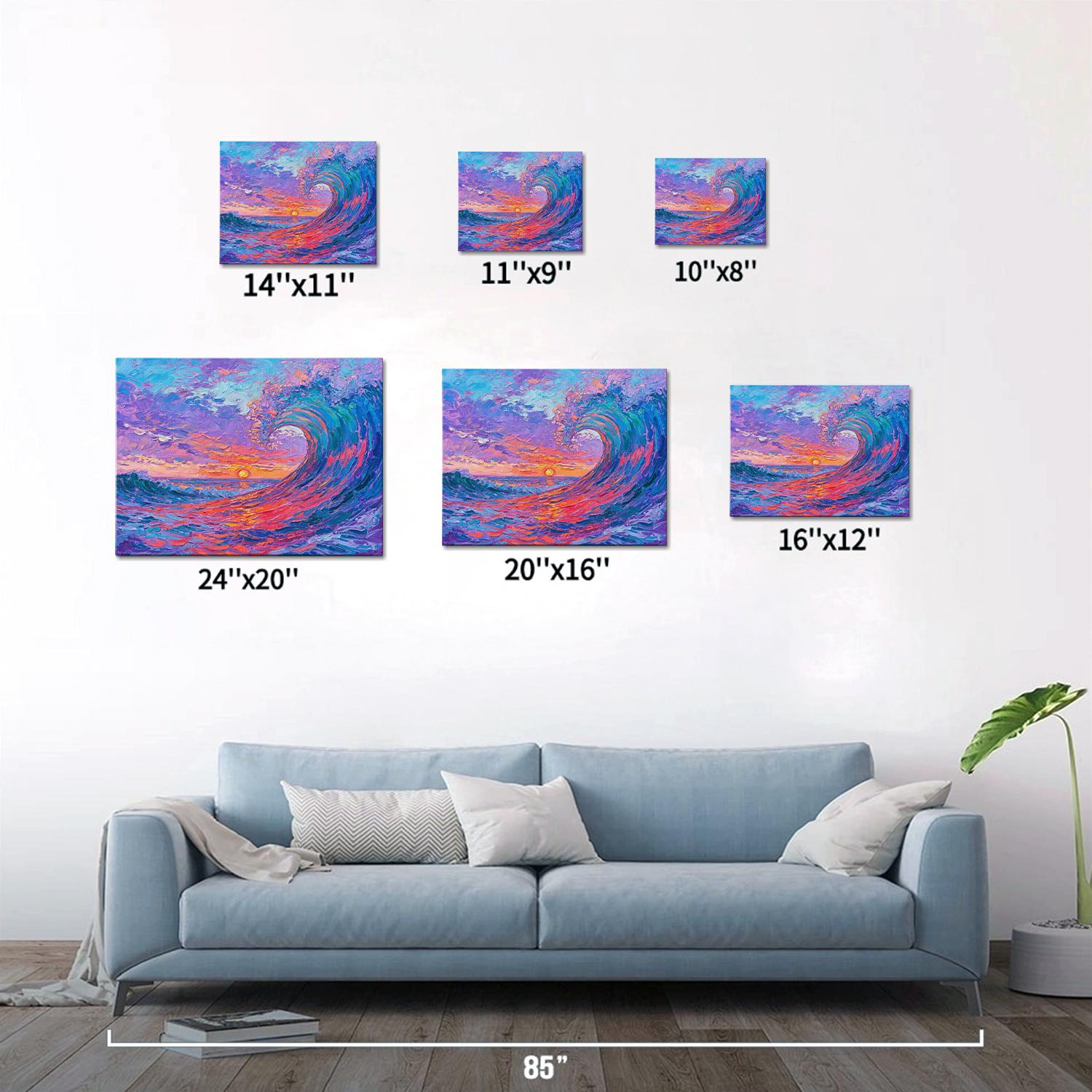 different size wall art painting depicts the magnificent scene of colorful waves surging.