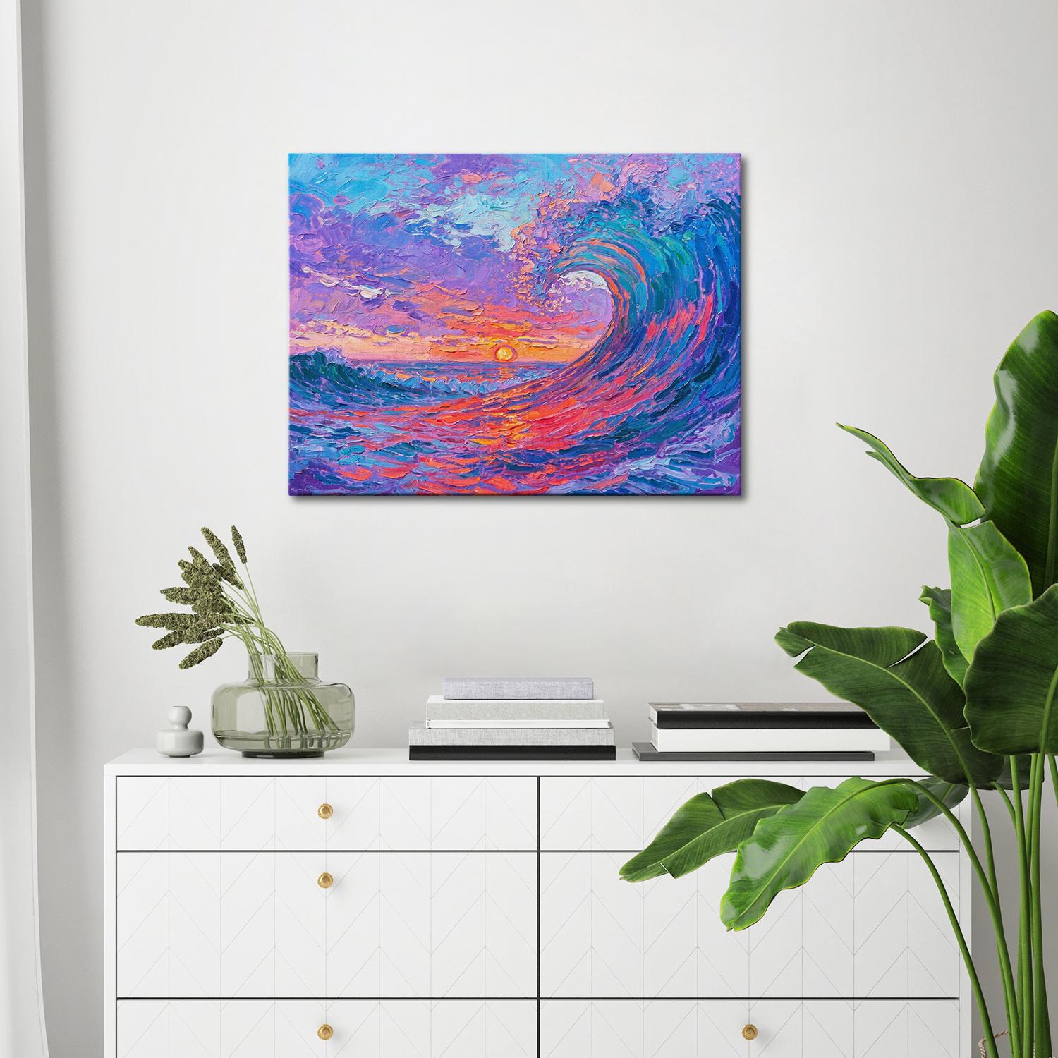 wall art painting above the table depicts the magnificent scene of colorful waves surging.
