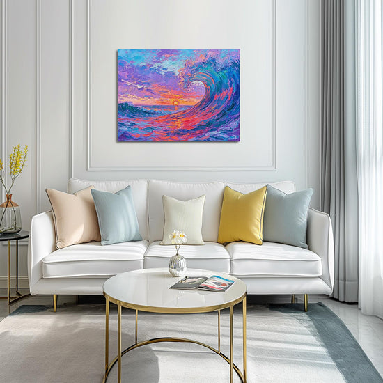 wall art painting in the living room depicts the magnificent scene of colorful waves surging.