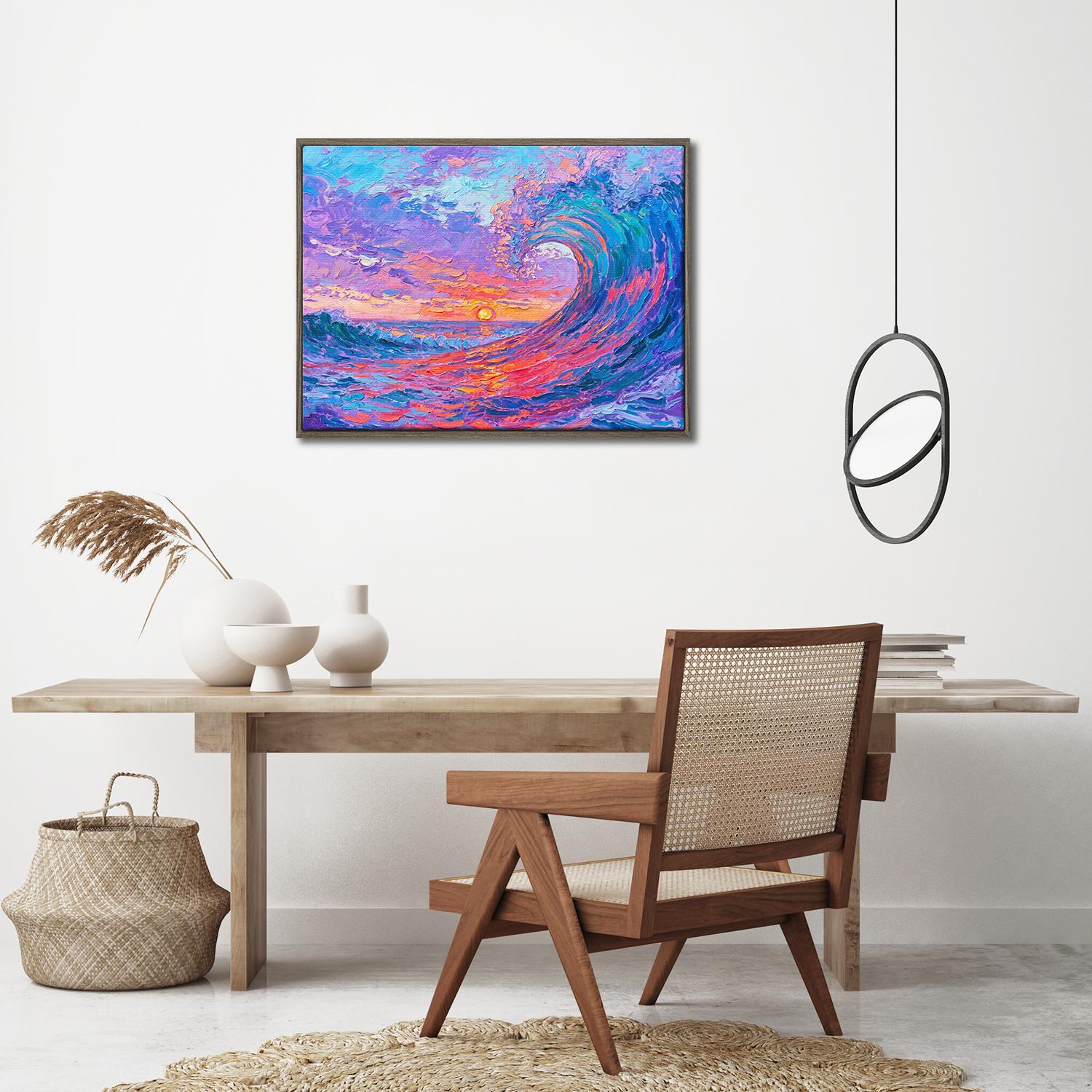 coffee frame wall art painting above the table depicts the magnificent scene of colorful waves surging.