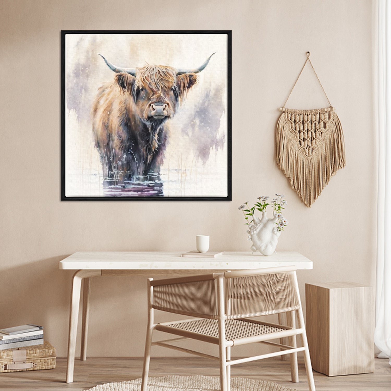 wall art black frame canvas,a yak standing in water,living room decor