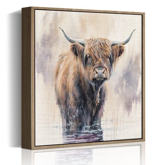 wall art light oak frame canvas,a yak standing in water