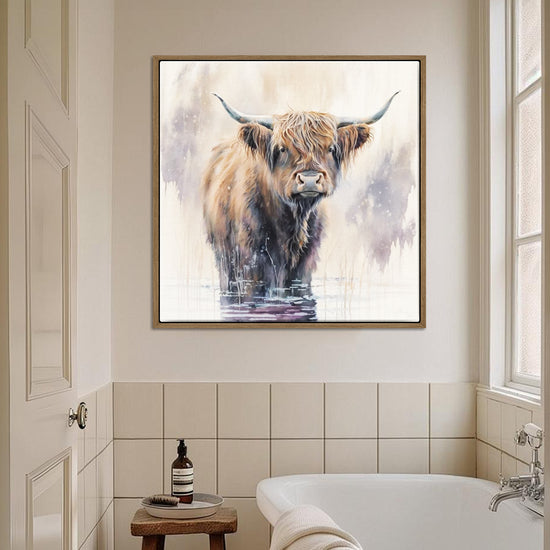 wall art light oak frame canvas,a yak standing in water,bathroom decor