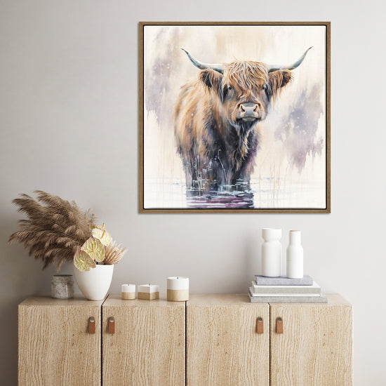 wall art light oak frame canvas,a yak standing in water,living room decor