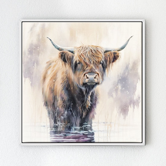 wall art white frame canvas,a yak standing in water