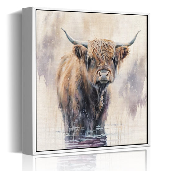 wall art white frame canvas,a yak standing in water