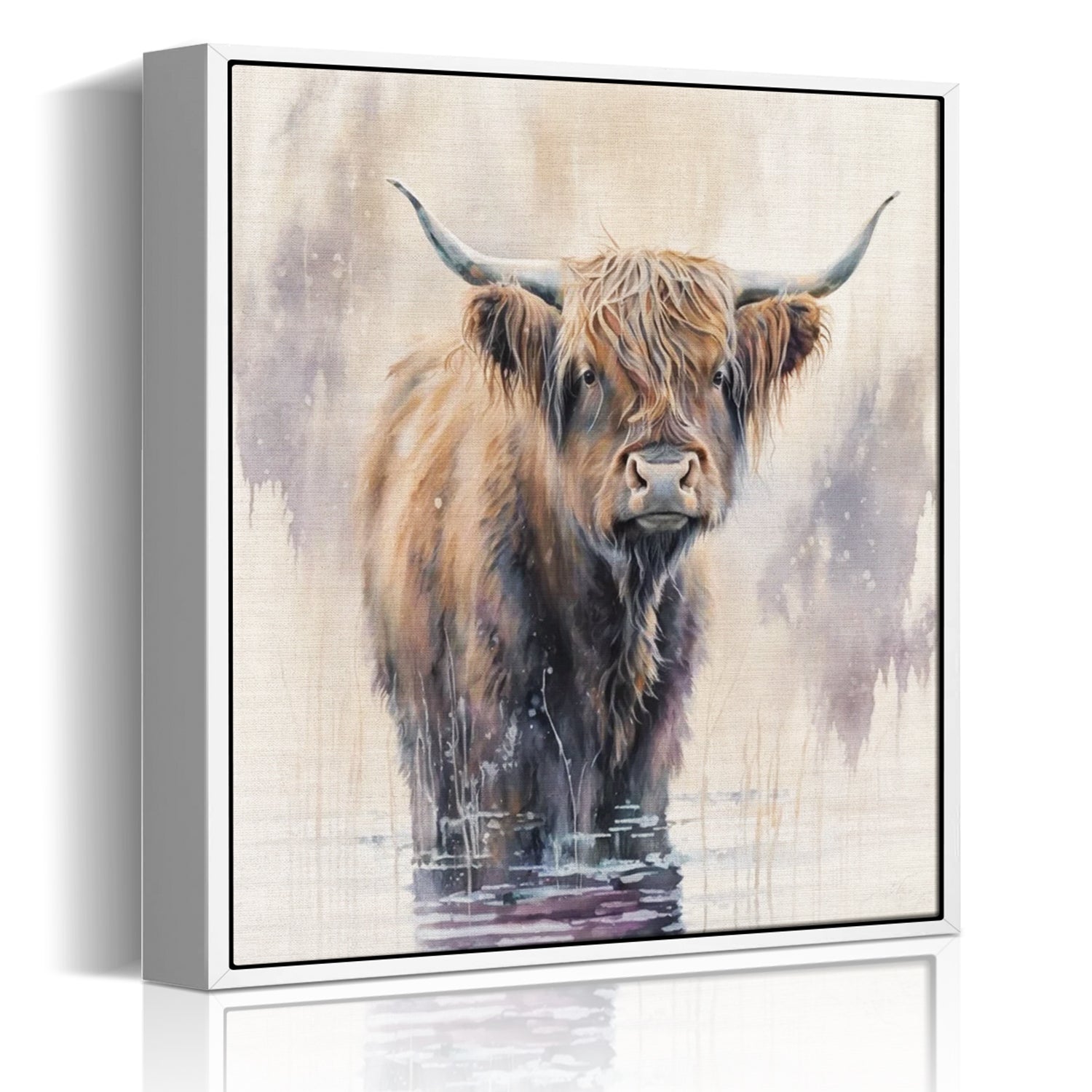 wall art white frame canvas,a yak standing in water