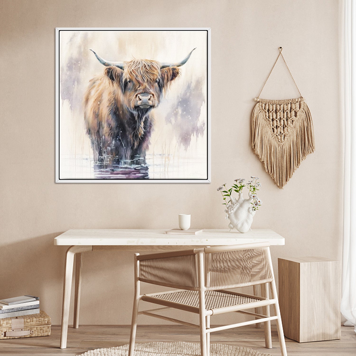 wall art white frame canvas,a yak standing in water,living room decor