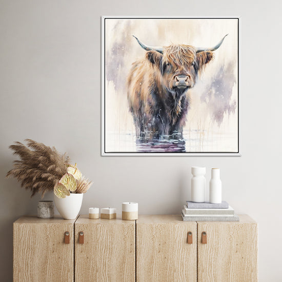 wall art white frame canvas,a yak standing in water,living room decor