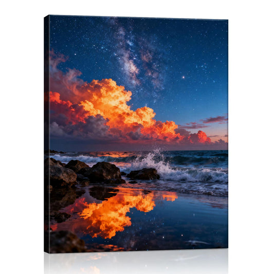 art canvas depicts coastal starry night view