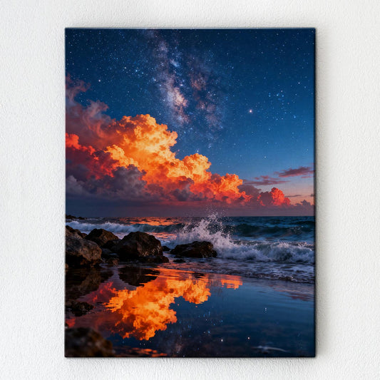 art canvas depicts coastal starry night view