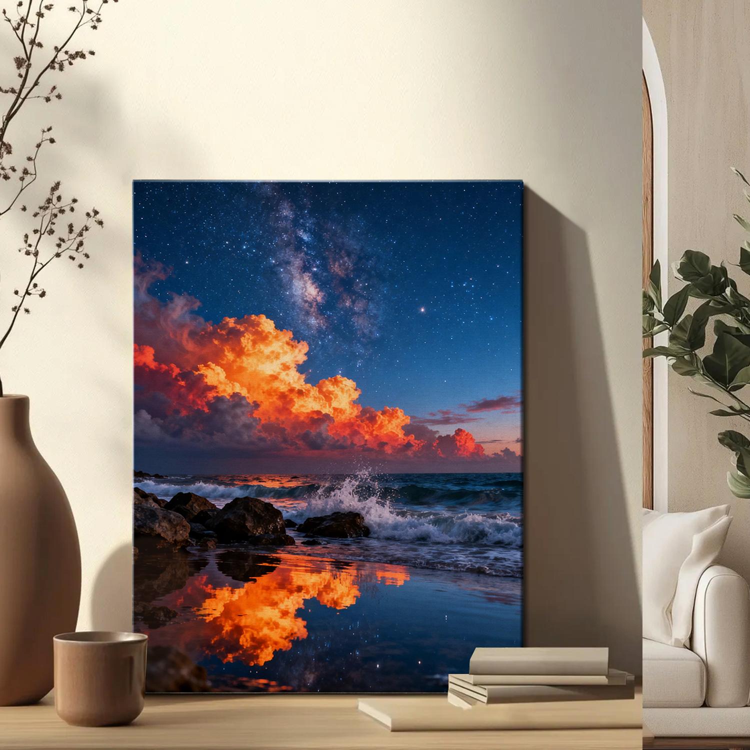 art canvas depicts on the table coastal starry night view