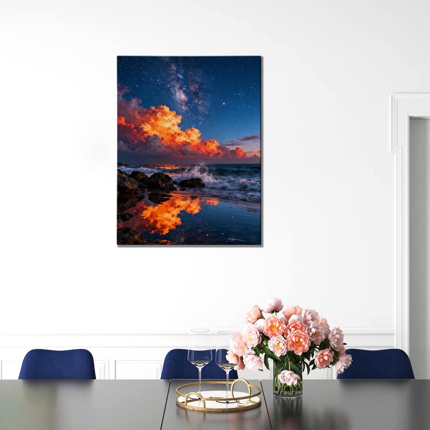 art canvas in the dining room depicts coastal starry night view