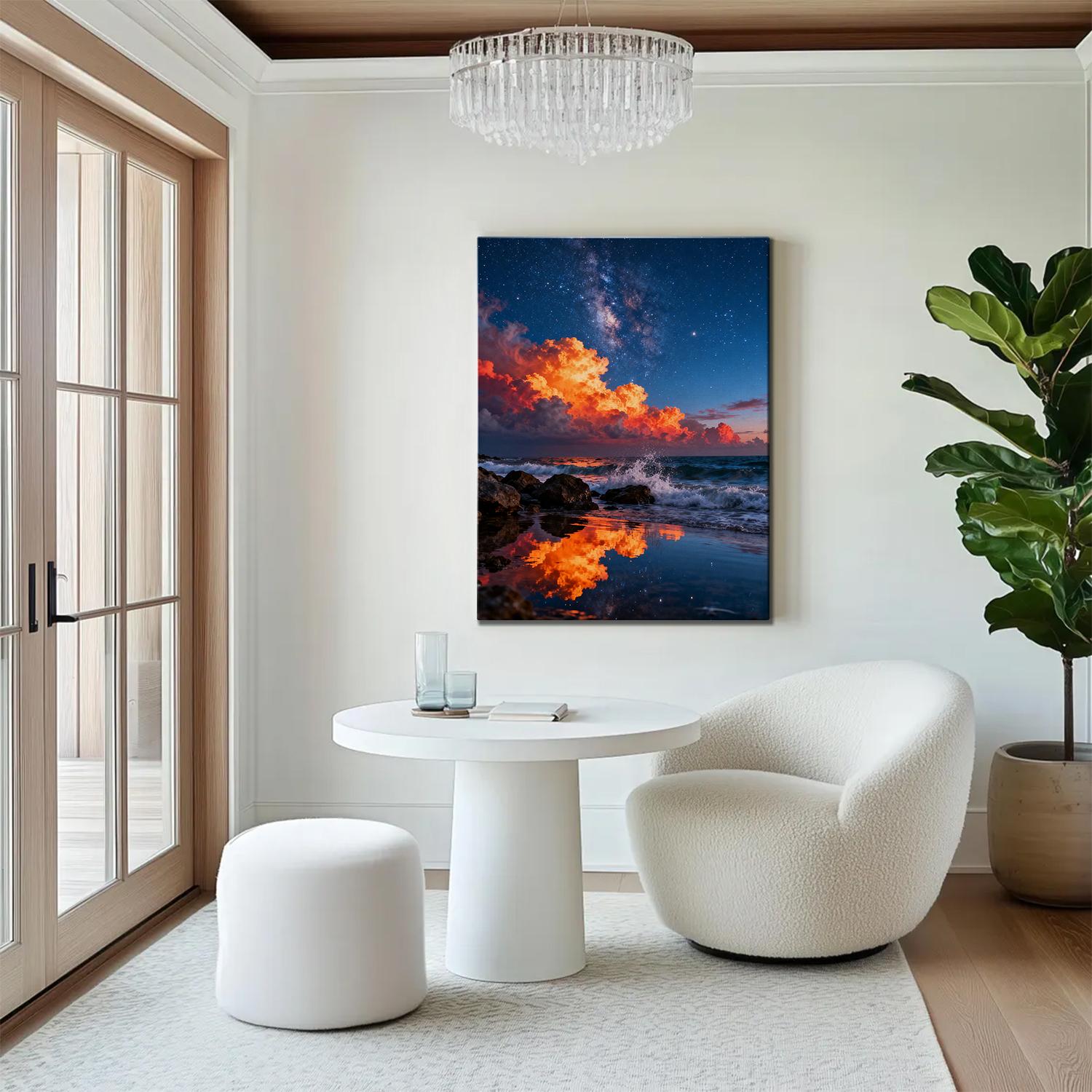 art canvas in the living room depicts coastal starry night view