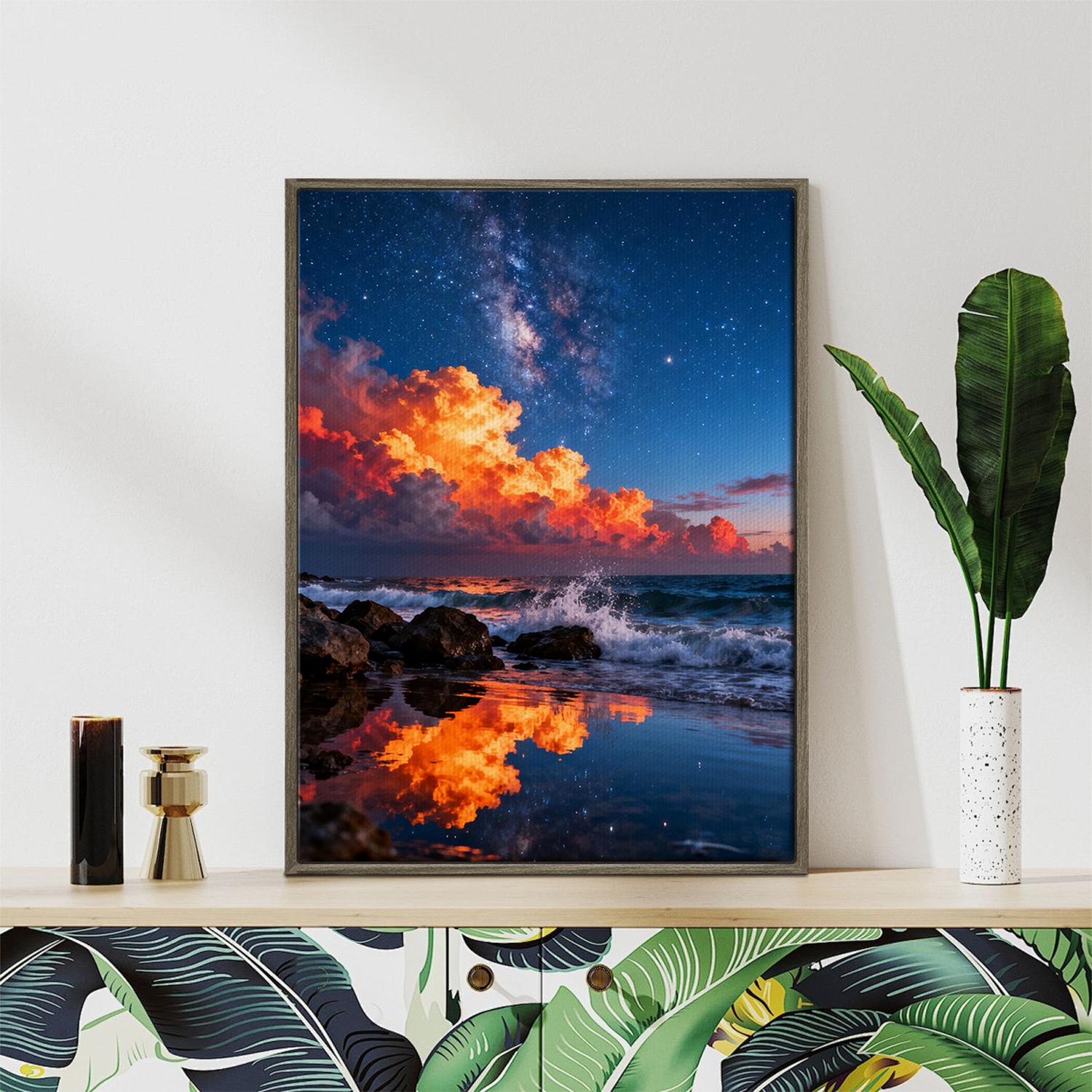 coffee frame art canvas depicts coastal starry night view