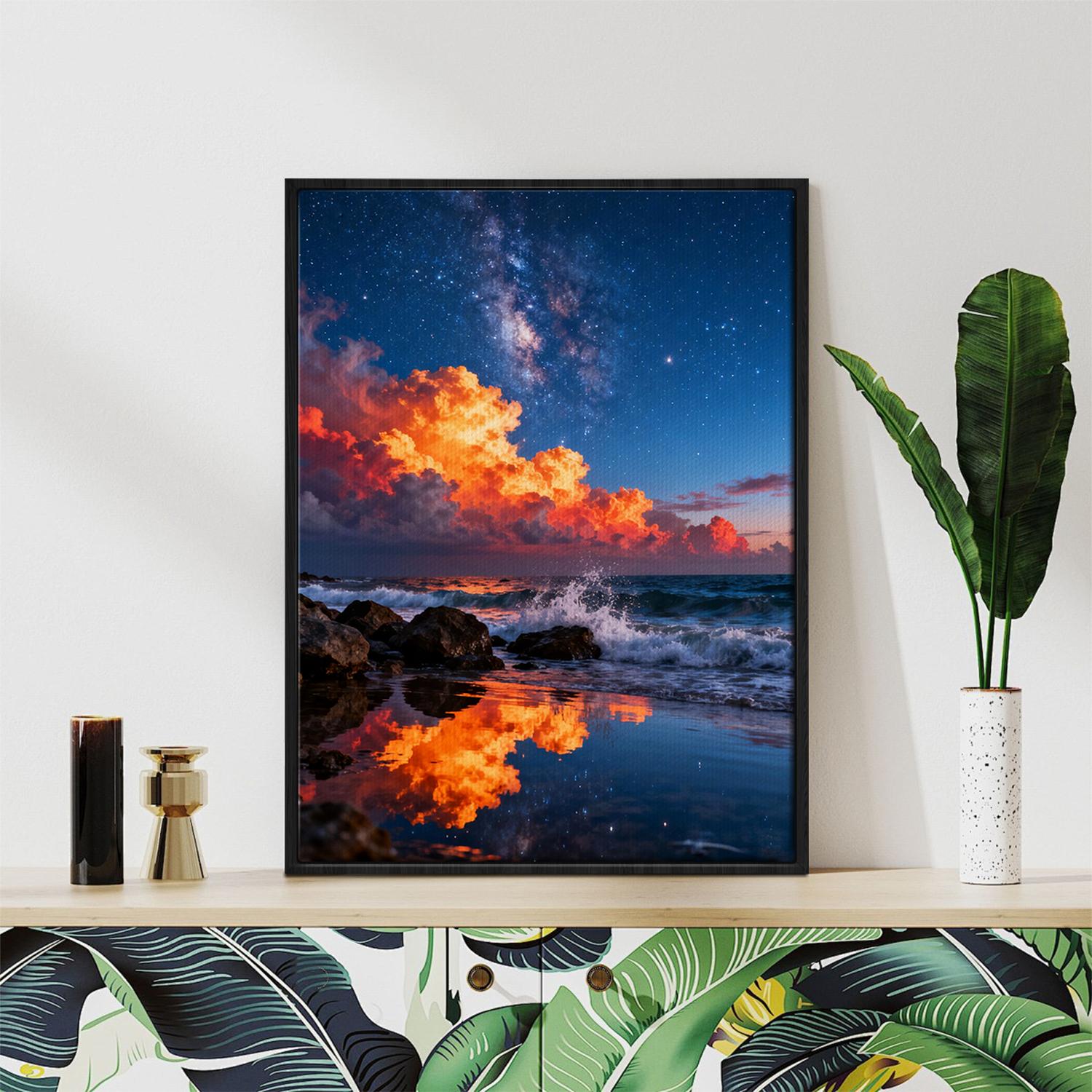 black frame art canvas depicts coastal starry night view
