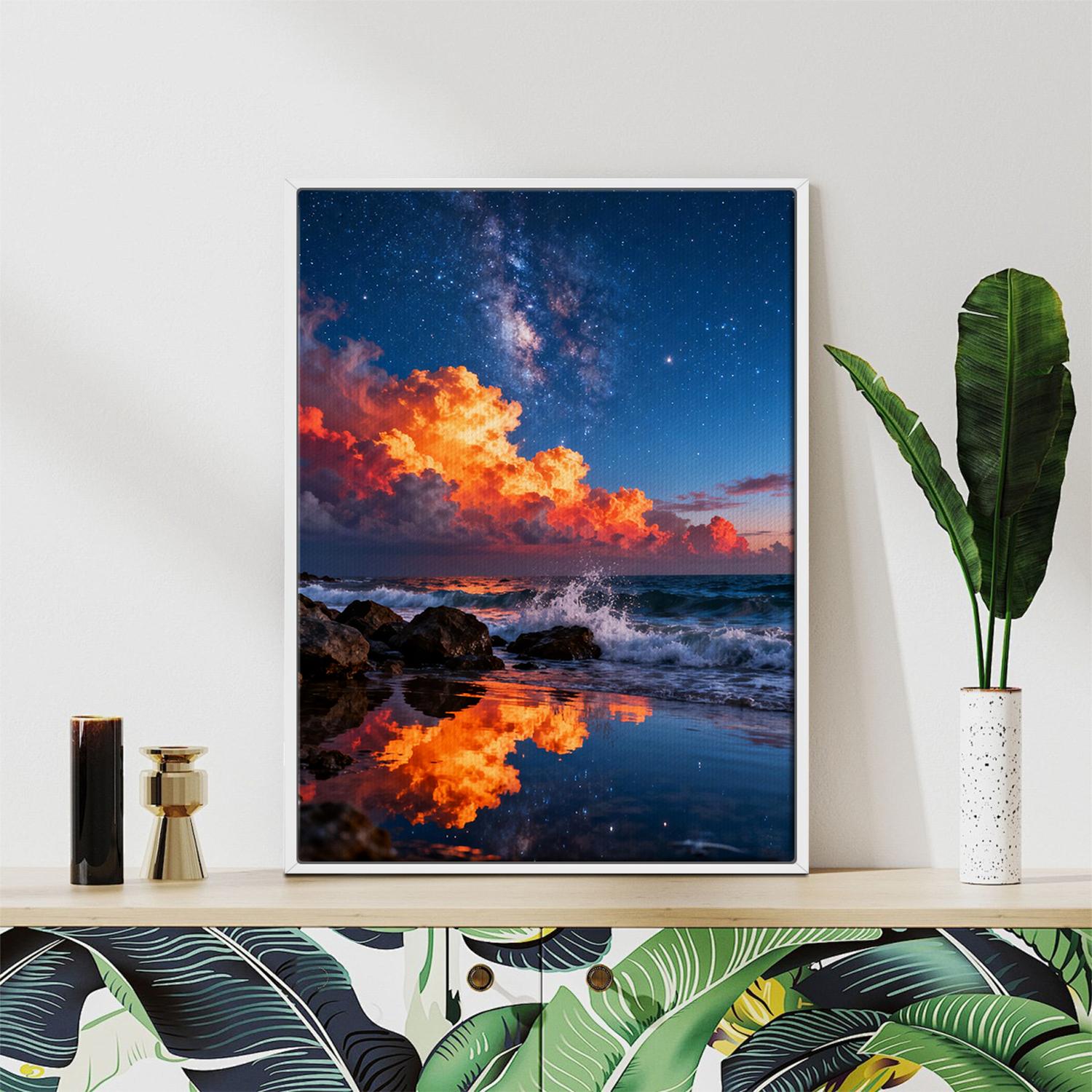white frame art canvas depicts coastal starry night view