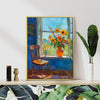 gold frame wall art painting shows flowers by the window and the beautiful scenery outside the window