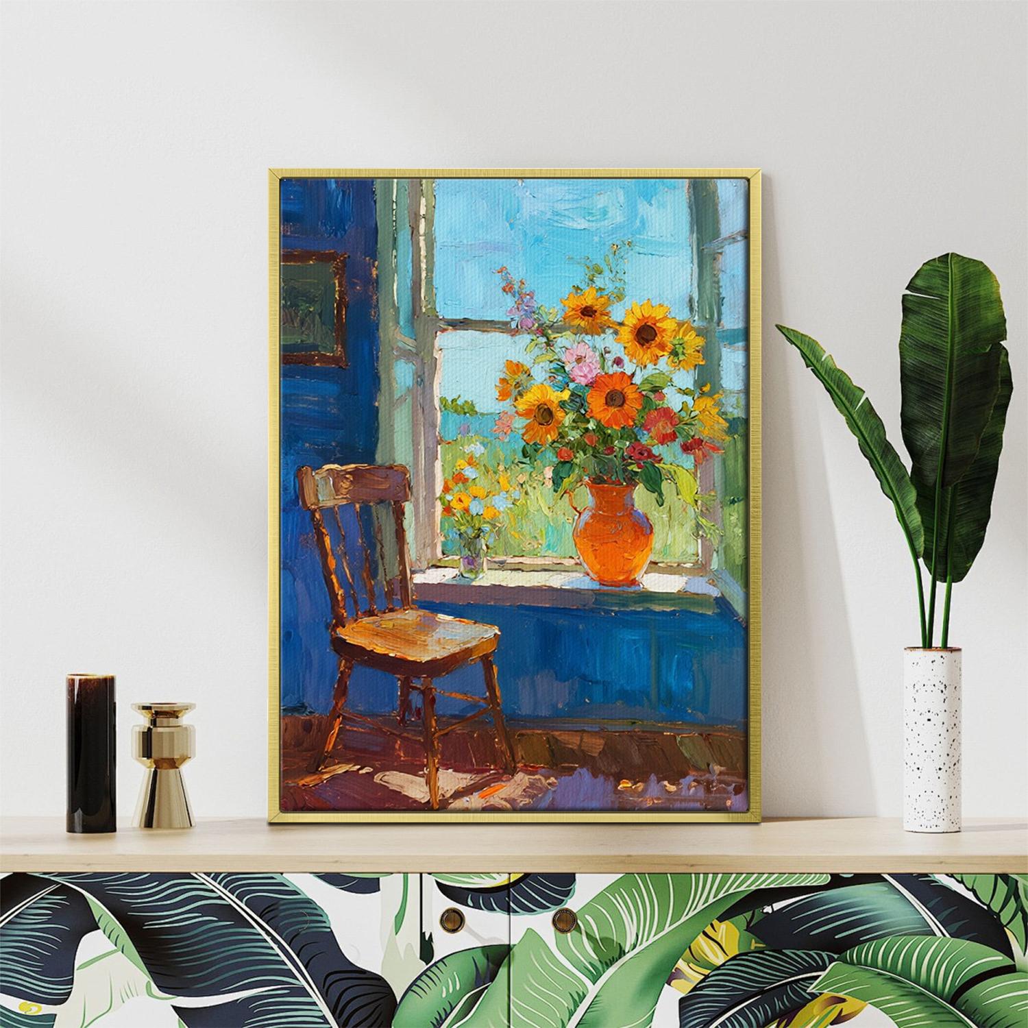 gold frame wall art painting shows flowers by the window and the beautiful scenery outside the window