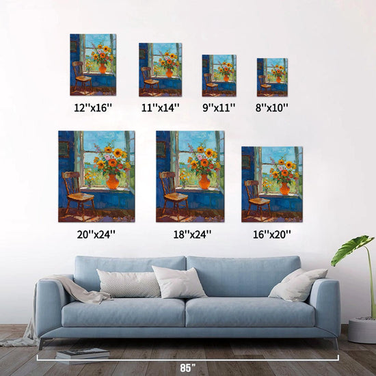 different size wall art painting shows flowers by the window and the beautiful scenery outside the window