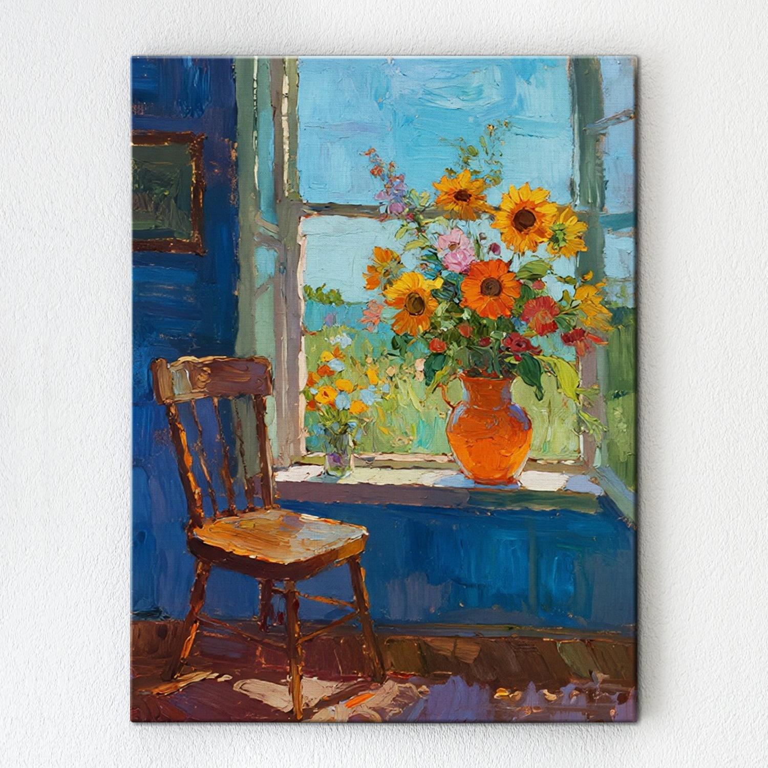 wall art painting shows flowers by the window and the beautiful scenery outside the window