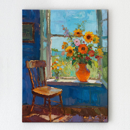 wall art painting shows flowers by the window and the beautiful scenery outside the window