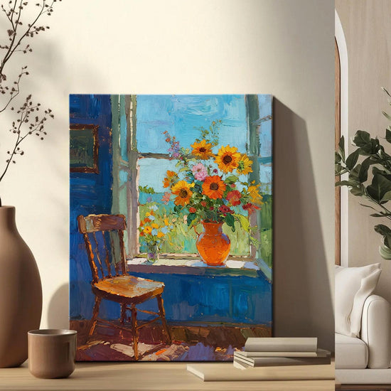wall art painting on the table shows flowers by the window and the beautiful scenery outside the window