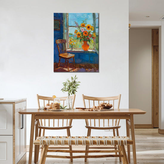 wall art painting in the dinning room shows flowers by the window and the beautiful scenery outside the window